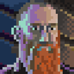 Pixel Art Self Portrait (inspired by the mech pilot portrait UI in Into The Breach by Subset Games) 32 by 32 pixels scaled up to 150 x 150, unrestricted palette, by Darren Kearney, @darrencearnaigh