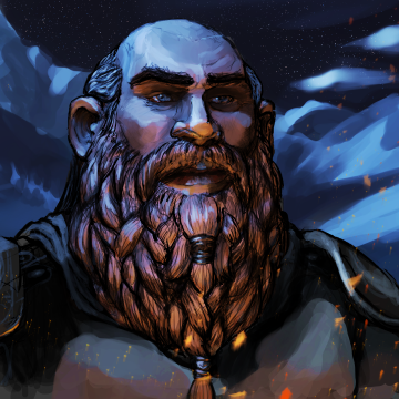 A fantasy illustration of a Clayrick, a dwarf cleric with a heavy braided red beard with heavy armor, standing on the side of a mountain, lit by moonlight and a nearby fire. By Darren Kearney